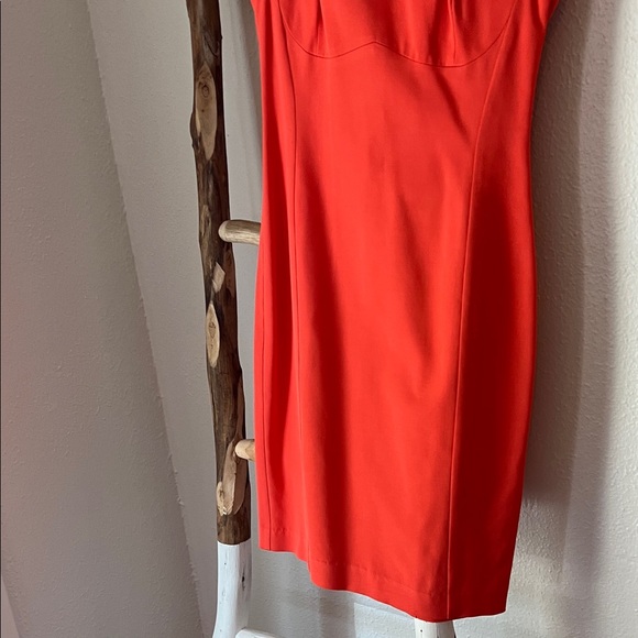 Reiss Orange-Red Coral Fitted Bodycon Cap-Sleeve Midi Sheath Dress 2 Stretch - Picture 4 of 12